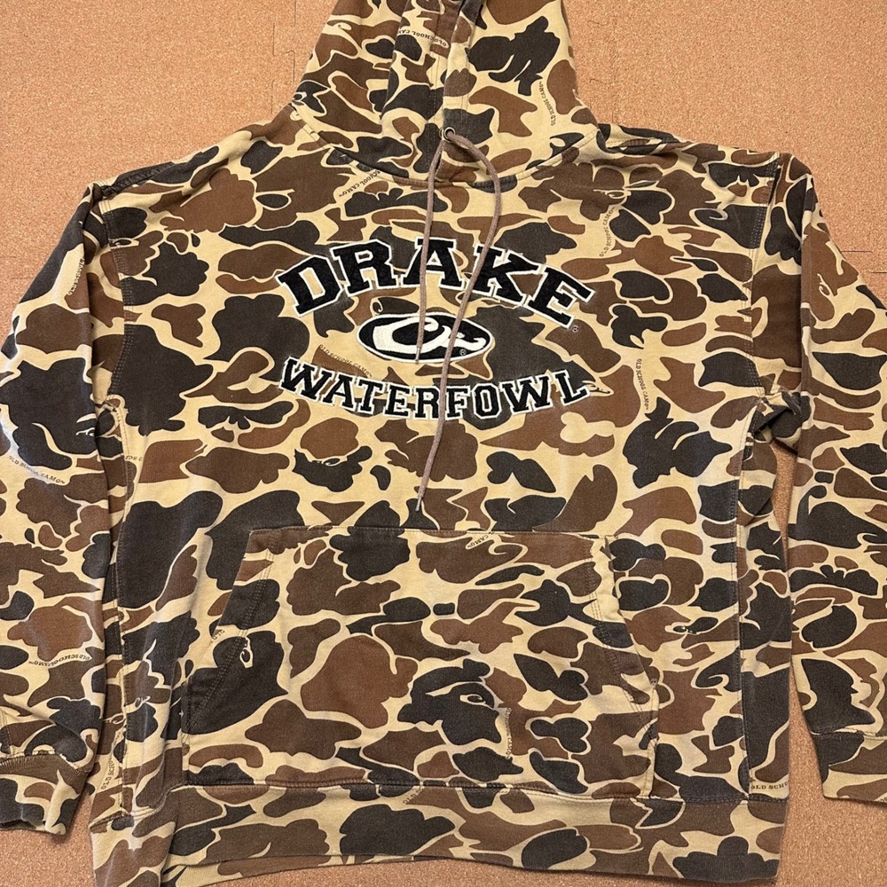 Drake Waterfowl Hoodie Mens XL Camo Old School Pullover Hunting Sweatshirt Logo